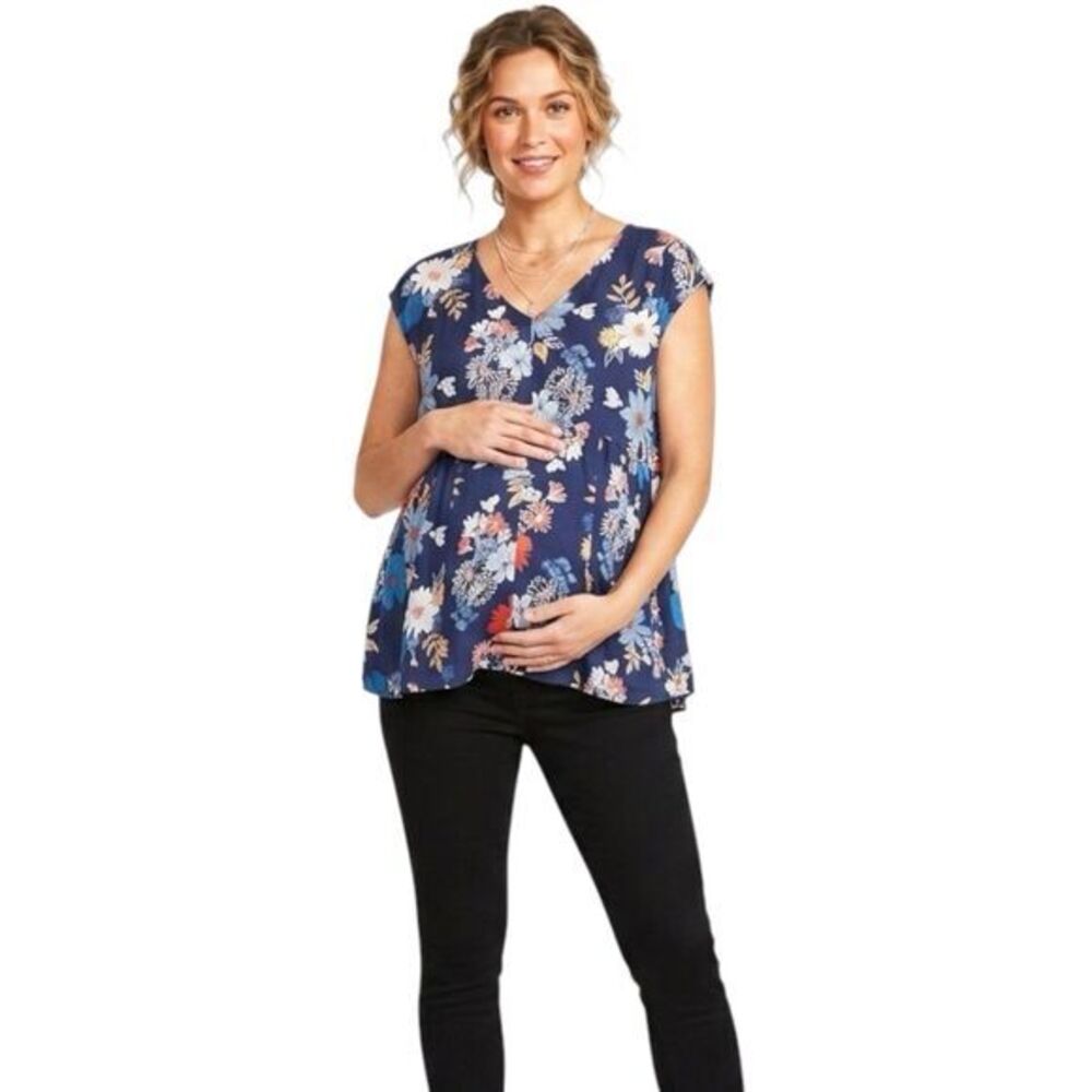 Old Navy Womens Blouse Sz XL Floral Maternity Wear V-Neckline Blue Casual Summer